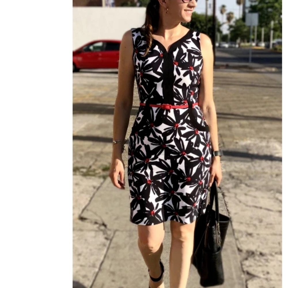 London Times Black & White Floral Sheath Dress with Red Accents